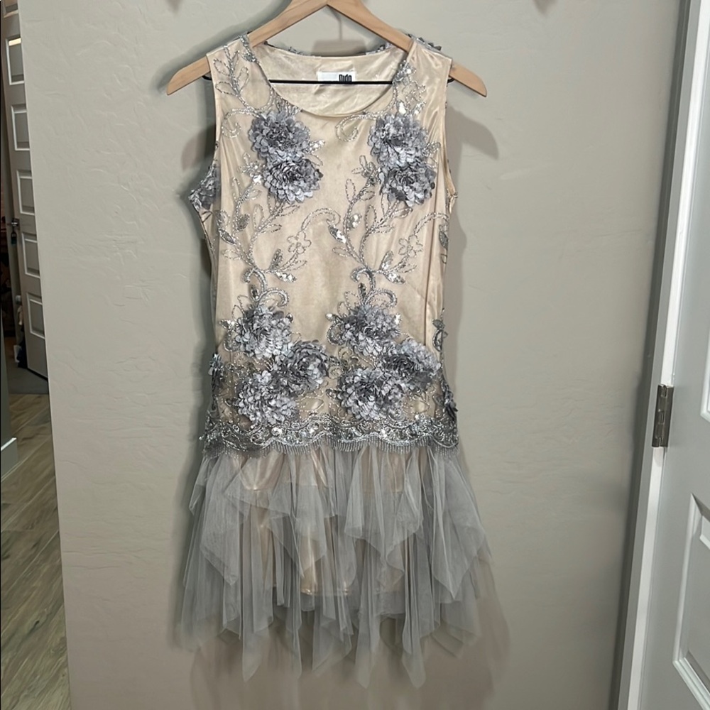 Embroidered Dress Mini Gown Silver Tulle Formal Dance Holiday Party New Years - Picture 2 of 13